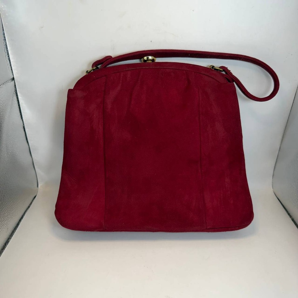 Vintage 50s 60s Red Faux Suede Frame Handbag Gold Kiss Lock Clasp Vanity Mirror